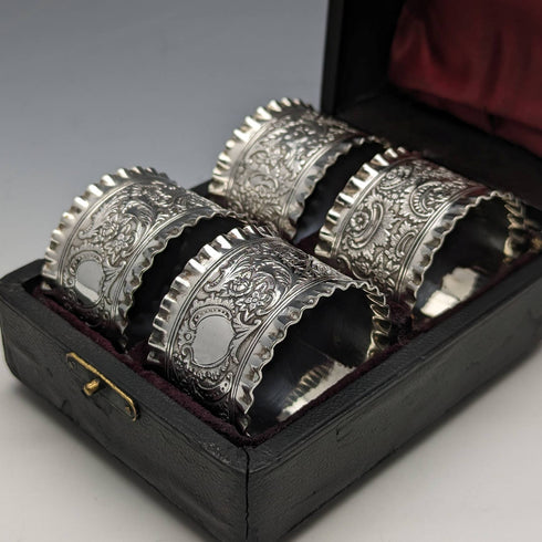 Around 1905 British antique silver plated napkin rings set of 4 in a case